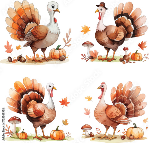 Vintage thanksgiving turkey watercolor set