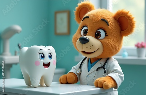 Cartoon tooth figurine with eyes and mouth. They are sitting on the floor and talking. Tooth and bear are smiling. The concept of pediatric dentistry. Dental services for children. dental treatment.