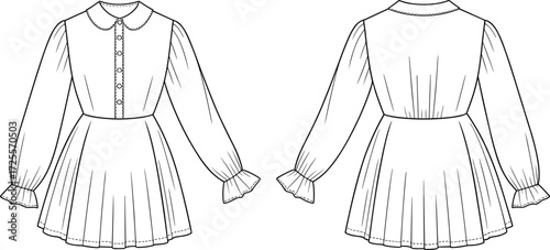 Vector fashion illustration of Peter Pan collar puff sleeve dress with ruffle cuffs, pleated skirt, button front bodice, front and back view
