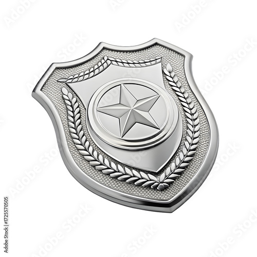 Silver sheriff badge with star isolated on transparent background, close up view