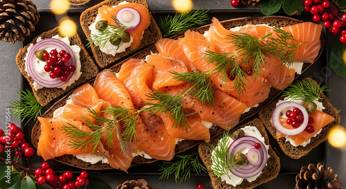 Elegant Smoked Salmon Canapés with Cream Cheese and Fresh Dill, Artfully Arranged for Festive Holiday Appetizers and Special Occasion Gatherings