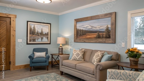 Cozy living room with soft blue walls warm wood accents and elegant artwork