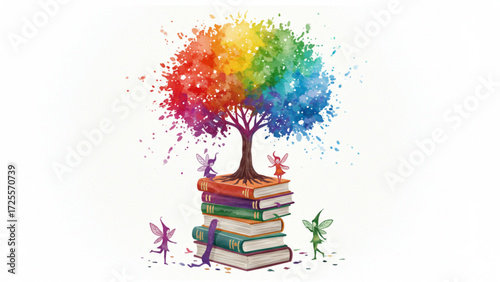 Enchanting Rainbow Tree of Knowledge Growing from Books, Adorable Fairies Dance Around Spreading Joy and Imagination for Creative Learning, Magical Education