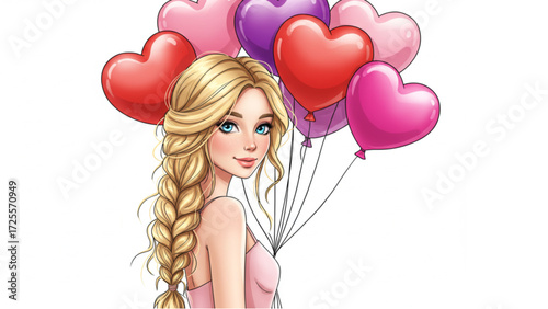 Beautiful blonde girl with heart shaped balloons for Valentine's Day, celebrating love and romance with a whimsical, cartoon style graphic