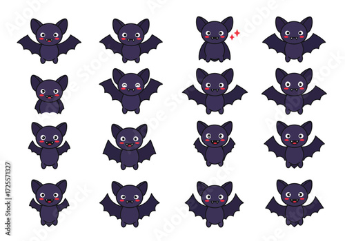 Vector art of a whimsical assortment of cartoon bats, each displaying unique expressions and wing positions, creating a playful and spooky halloween theme
