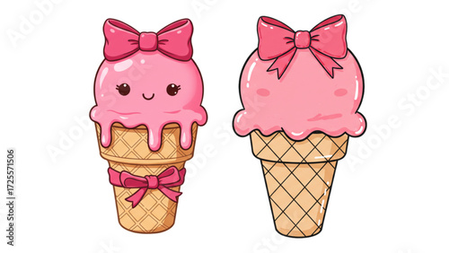 Delightful pink ice cream cones with bows, perfect for summer treats and fun designs, originally a scalable graphic, adding sweetness and charm to any project