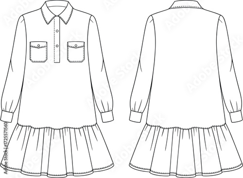 Women drop waist long sleeve dress technical flat fashion sketch with gathered skirt, collar, button placket, chest pockets garment vector
