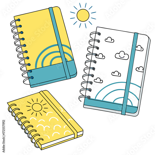 Cute spiral notebooks with sun and cloud designs