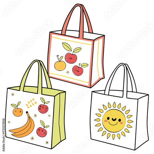 Cute cartoon tote bags with fruit and sun designs
