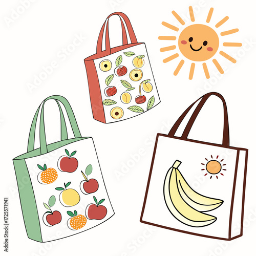 Cute fruit pattern tote bags and smiling sun illustration