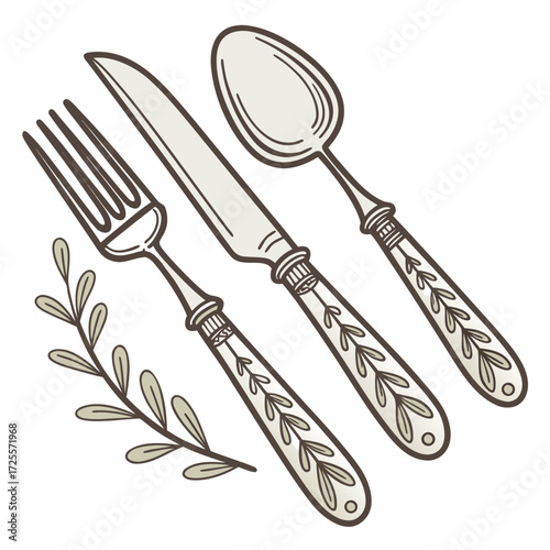 Elegant flatware with decorative leaf motifs and olive branch accent