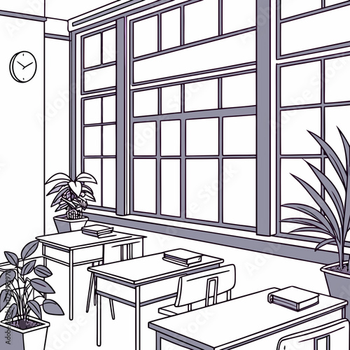 Empty classroom with desks and large windows