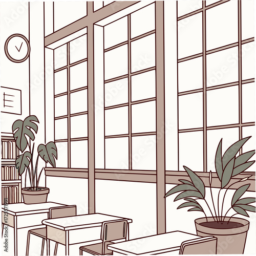Empty classroom with large windows and potted plants