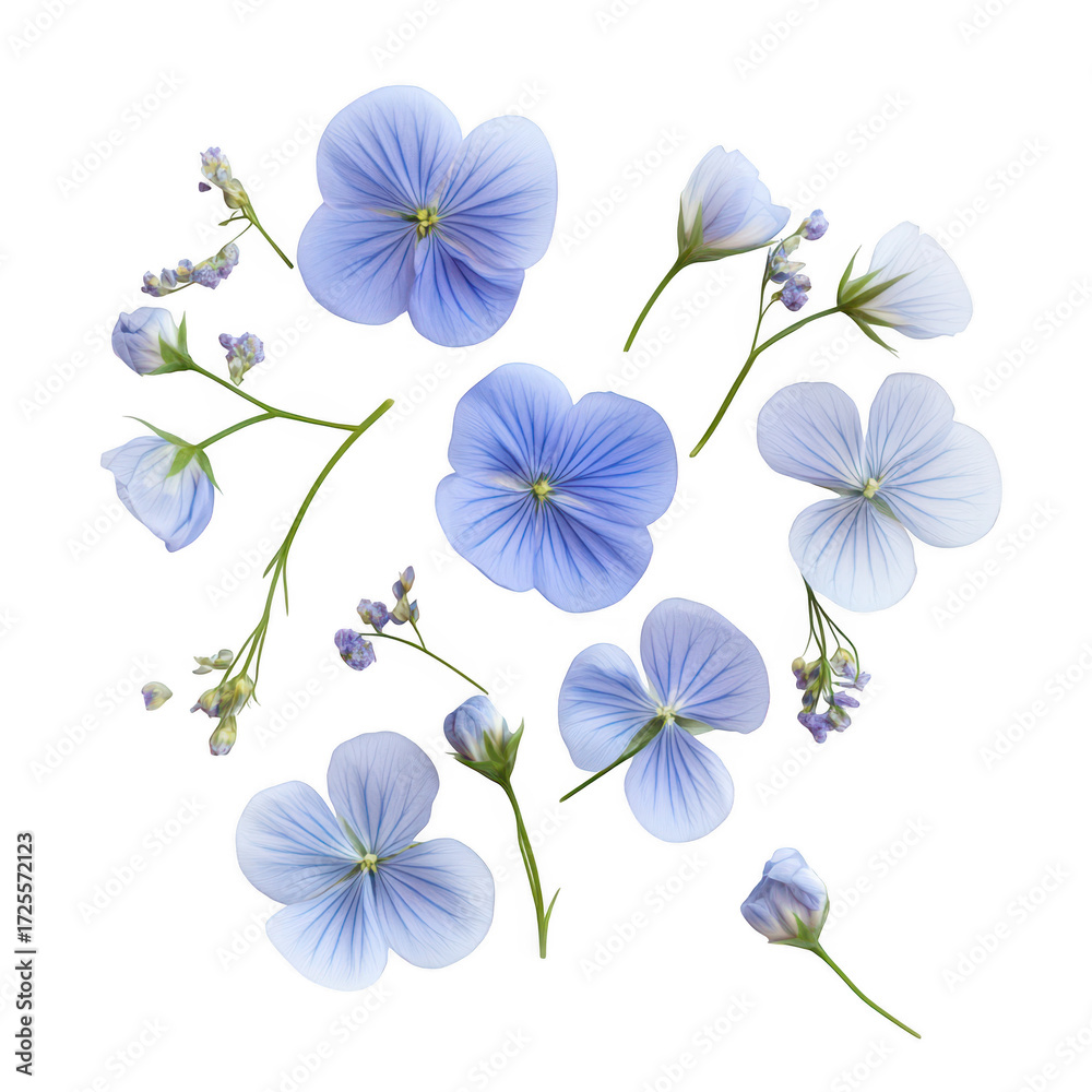 Obraz premium A delicate arrangement of light blue flowers and buds. their intricate details and soft colors against a clean white background. ideal for floral design and nature-themed projects