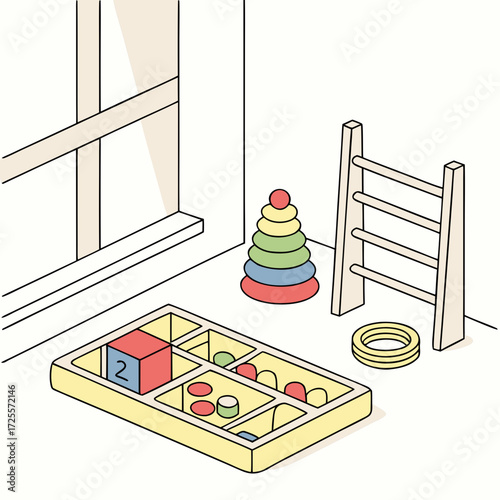 Montessori toys in a playroom setting with natural light