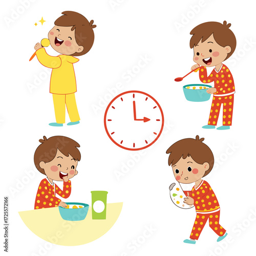 Boy s morning routine activities illustrated with a clock