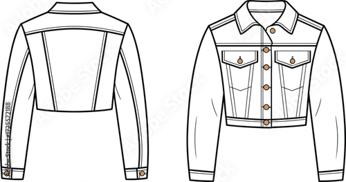 Vector fashion illustration of cropped denim jacket with button front, chest pockets, long sleeves, yoke detail, vertical seams, technical sketch