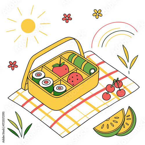Sunny day picnic with bento box and fresh fruit