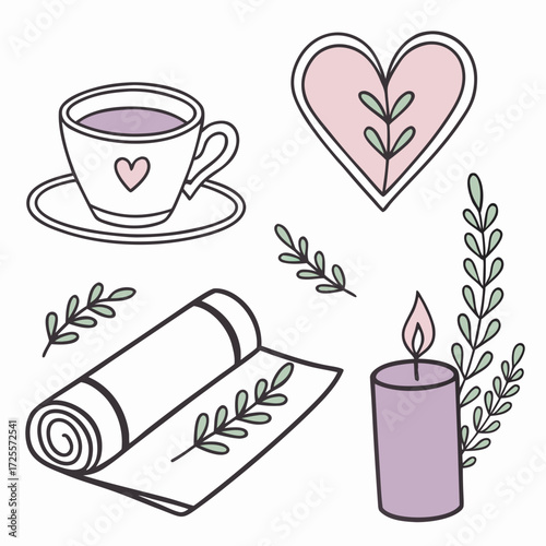 Cozy self care elements with tea candle and yoga mat