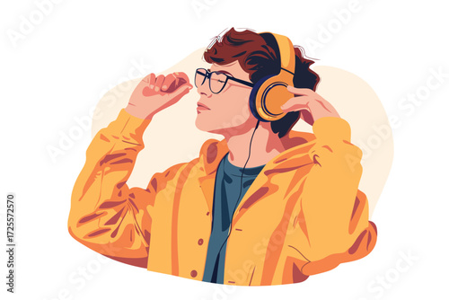 Caucasian man adjusting headphones immersed in conversion isolated illustration