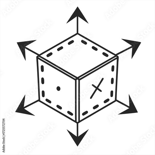 Minimal flat vector icon of a cube with measurement indicators