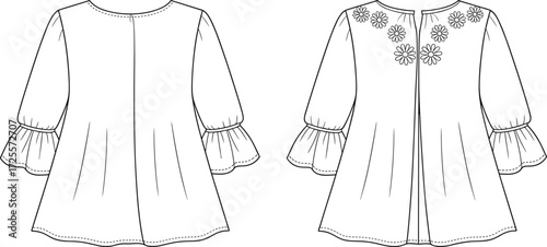 Vector fashion illustration of women blouse back view with ruffle sleeves, floral embroidery, zipper detail, loose silhouette, curved hemline