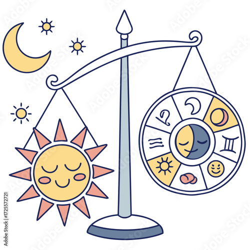 Sun and moon zodiac wheel balanced on scales