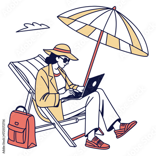 Woman working on laptop on beach chair under umbrella