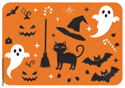 Vector art of a whimsical Halloween scene featuring a witche hat, broom, black cat, spell book, and bubbling cauldron, alongside potion bottles and a playful ghost, all set against a dark backdrop, cr