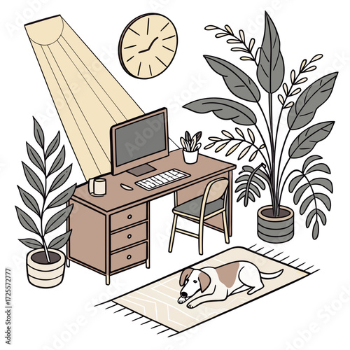 Cozy home office with dog and plants
