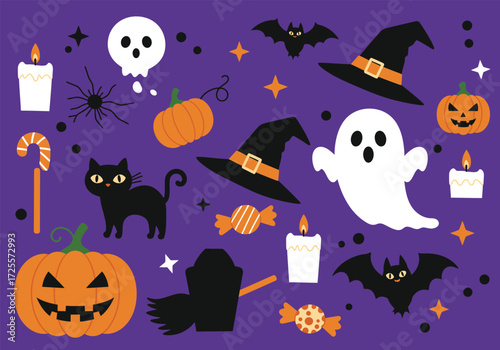Vector art of a whimsical Halloween scene featuring a witche hat, broom, black cat, spell book, and bubbling cauldron, alongside potion bottles and a playful ghost, all set against a dark backdrop, cr