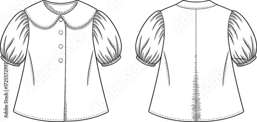 Vector fashion illustration of short sleeve women blouse with Peter Pan collar, puff sleeves, front buttons, darts, and back seam