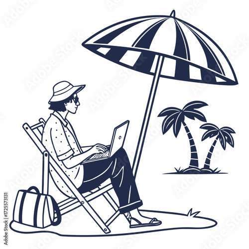 Person working on a laptop on a beach under an umbrella