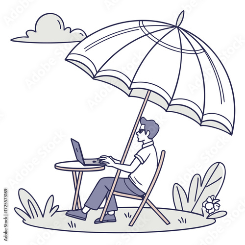 Man working on laptop outdoors under a large umbrella