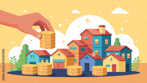 Hand placing coins on stacks in front of colorful houses
