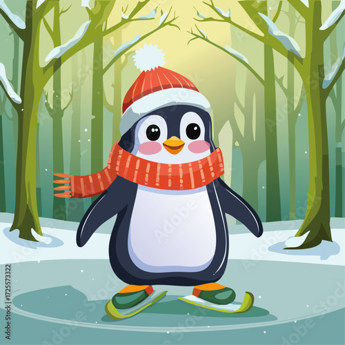 Cute penguin on ice skates on the background of winter trees winter vector illustration. Children's image of a winter character on a skating rink in the forest. Christmas background for postcards and	