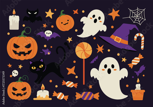 Vector art of a whimsical Halloween scene featuring a witche hat, broom, black cat, spell book, and bubbling cauldron, alongside potion bottles and a playful ghost, all set against a dark backdrop, cr