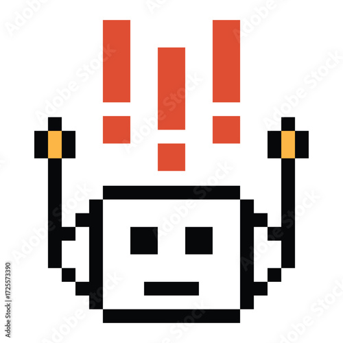 Cute pixel art cartoon robot or AI learning skill with exclamation mark calculate bot robot vector character technology background 8 bit.