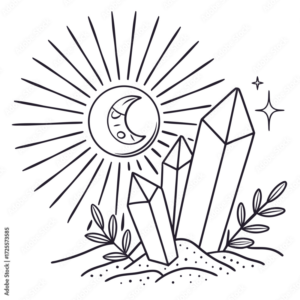 Naklejka premium Mystical sun moon and crystal illustration