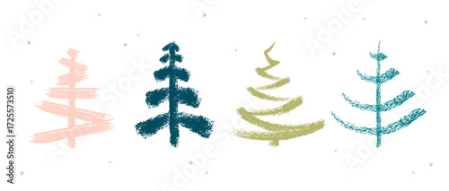 Hand drawn Christmas tree set with abstract textured brush strokes for greeting cards, gift tags, winter prints, posters, social media, and festive patterns. Vector illustration