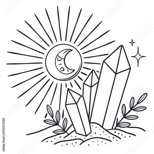 Mystical sun moon and crystal illustration