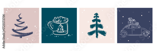 Hand drawn winter Christmas illustration set with pine trees mug of hot cocoa car with gifts ideal for greeting cards postcards stickers social media ,winter posters.Cozy Holiday vector Illustration