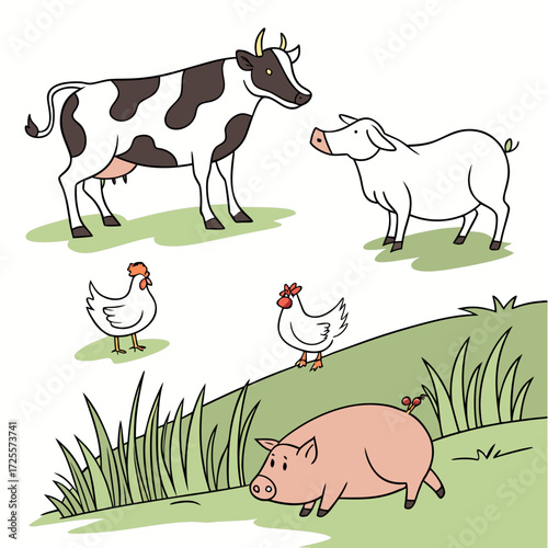 Farm animals on a green hillside