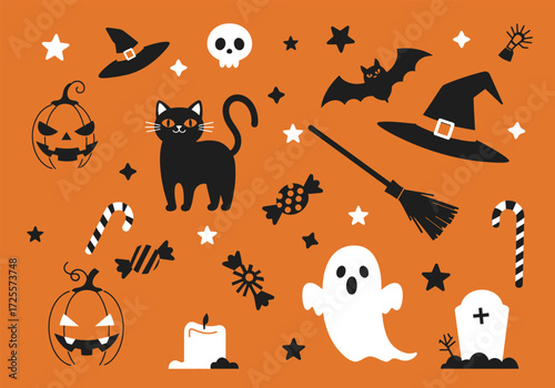 Vector art of a whimsical Halloween scene featuring a witche hat, broom, black cat, spell book, and bubbling cauldron, alongside potion bottles and a playful ghost, all set against a dark backdrop, cr