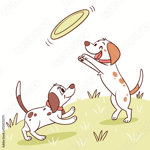 Two happy cartoon dogs playing frisbee in a grassy field