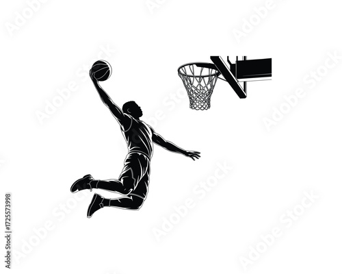Basketball player dunking ball near hoop silhouette illustration 