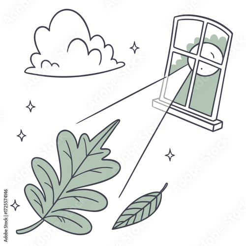 Child gazing out window at falling leaves and cloud
