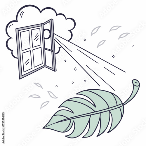 Fresh air flowing through an open window with leaves and sparkles