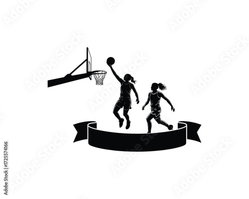 Basketball players in silhouette one jumping  for two female