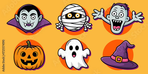Halloween cartoon characters set, vampire, mummy, zombie, ghost, pumpkin and witch hat. Cute and spooky design for holiday decorations, posters, banners, greeting cards, invitations and party elements
